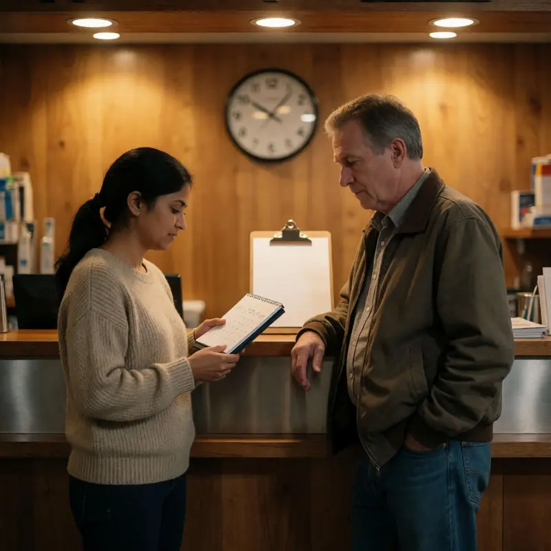 A business owner holds a closed calendar while discussing freshness and specifics.