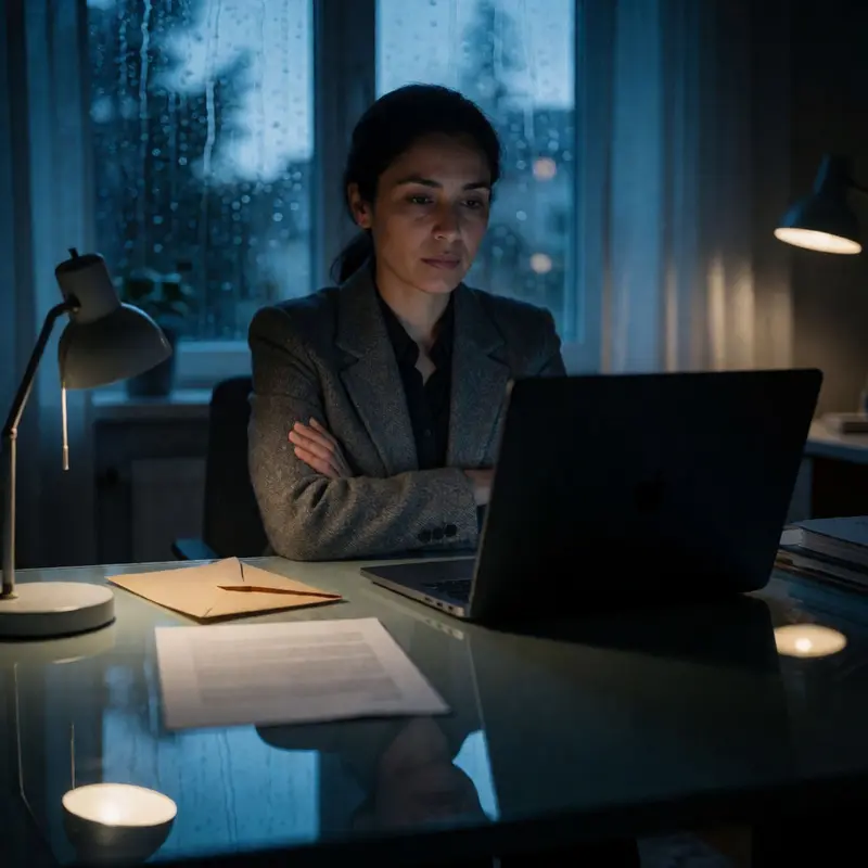 A creator sits tensely in a low-lit office beside a dark laptop and blank paperwork.