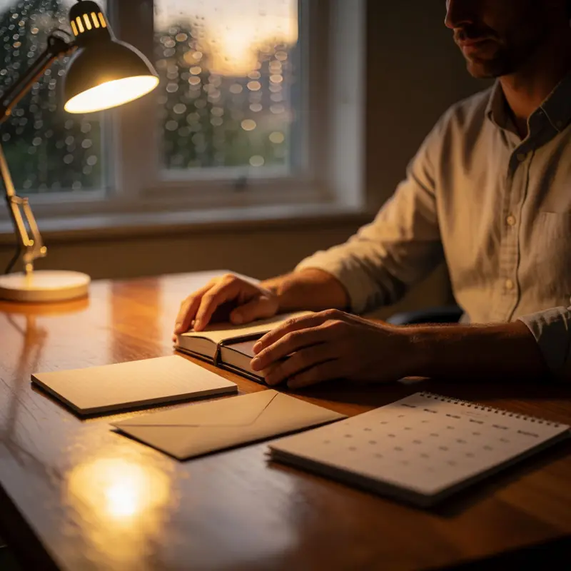 A freelancer reviews a diary and paperwork in a quiet home office near a deadline.