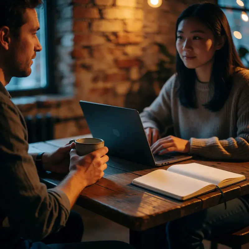 Teachable vs Gumroad cover image showing two creators seated at a table with a closed laptop and a mug in a softly lit coworking space.