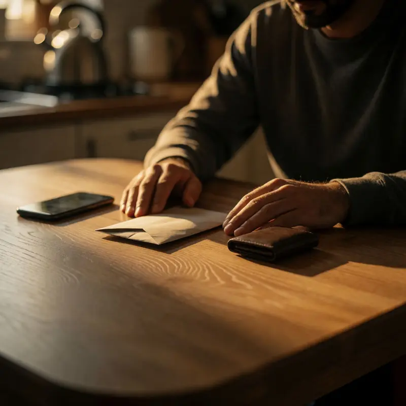 A freelancer pauses with a sealed envelope and wallet on a kitchen table.