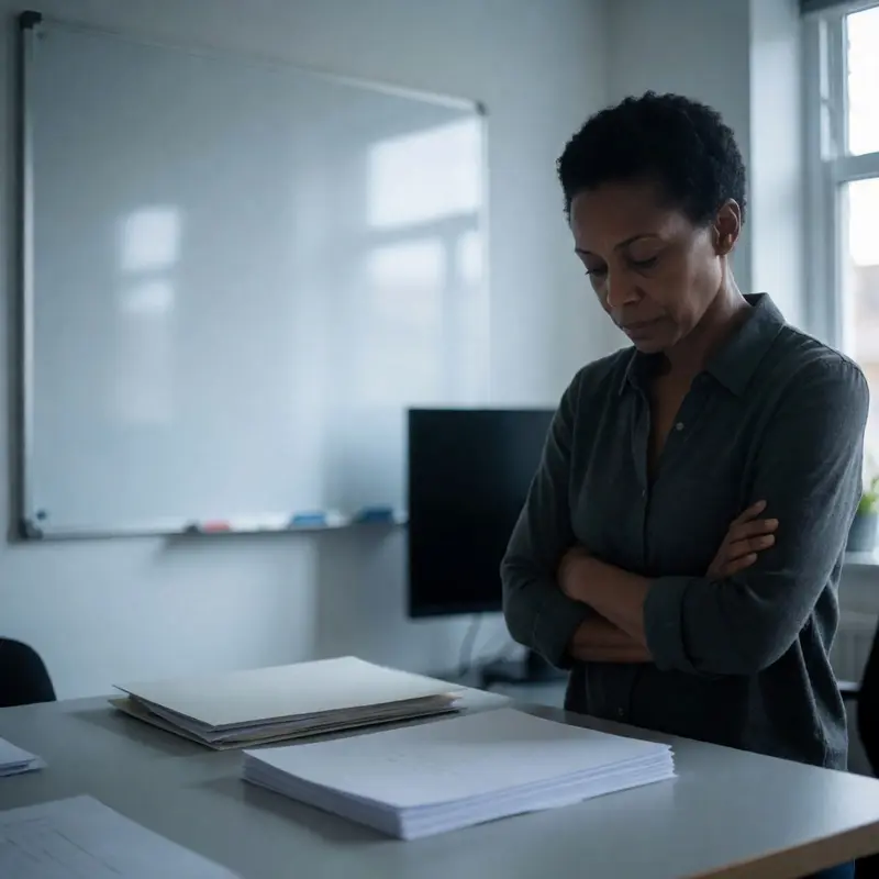 A consultant checks prepared documents in a studio with a clean, empty whiteboard behind her.