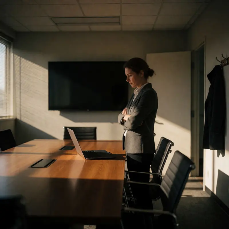 A consultant evaluates a quiet meeting space for workflow and access-control risks.