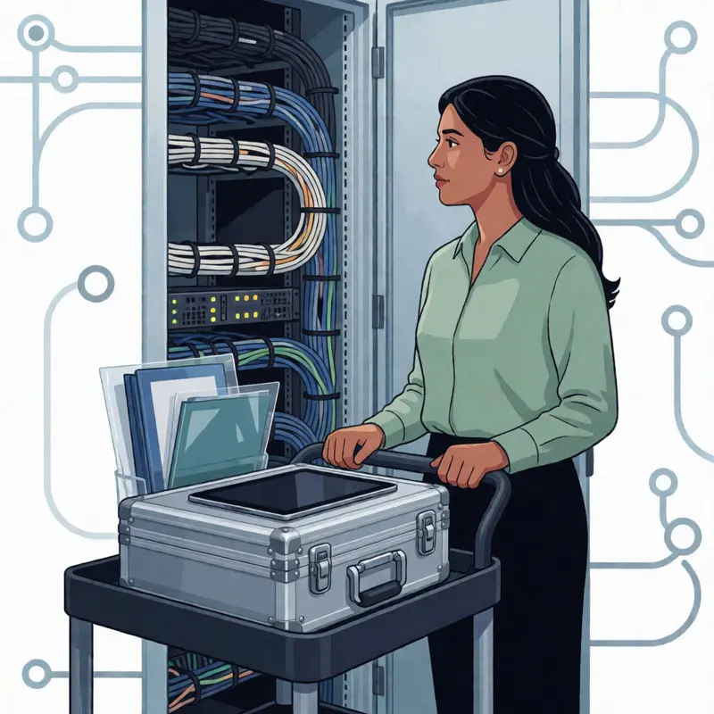 A consultant inspects a controlled workspace with locked materials and inactive devices.