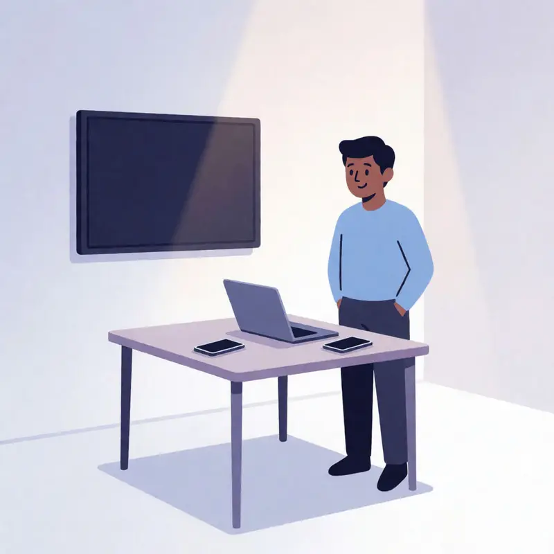 Solo consultant preparing an AI meeting recording consent script before a client call, with a closed laptop and face-down phones in a quiet room.
