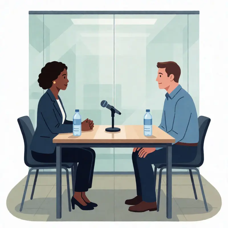 Two speakers sit still around a microphone in a quiet meeting room.