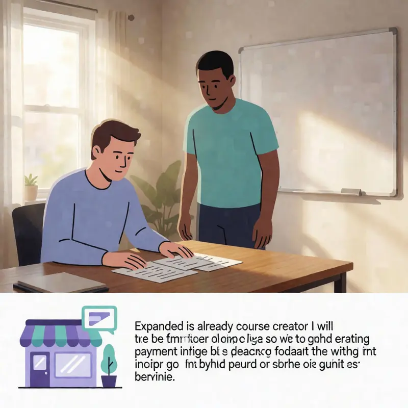 Course checkout tax compliance cover image showing two people reviewing payment paperwork at a desk with a closed laptop and a blank whiteboard.