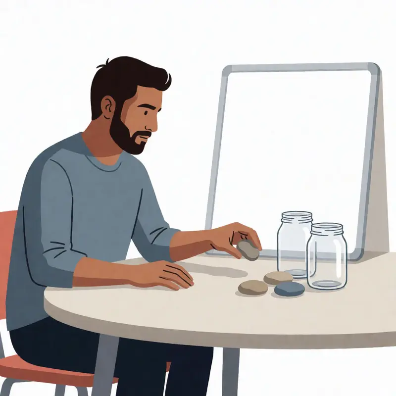 Simple objects on a table represent weighing options before choosing a plan.