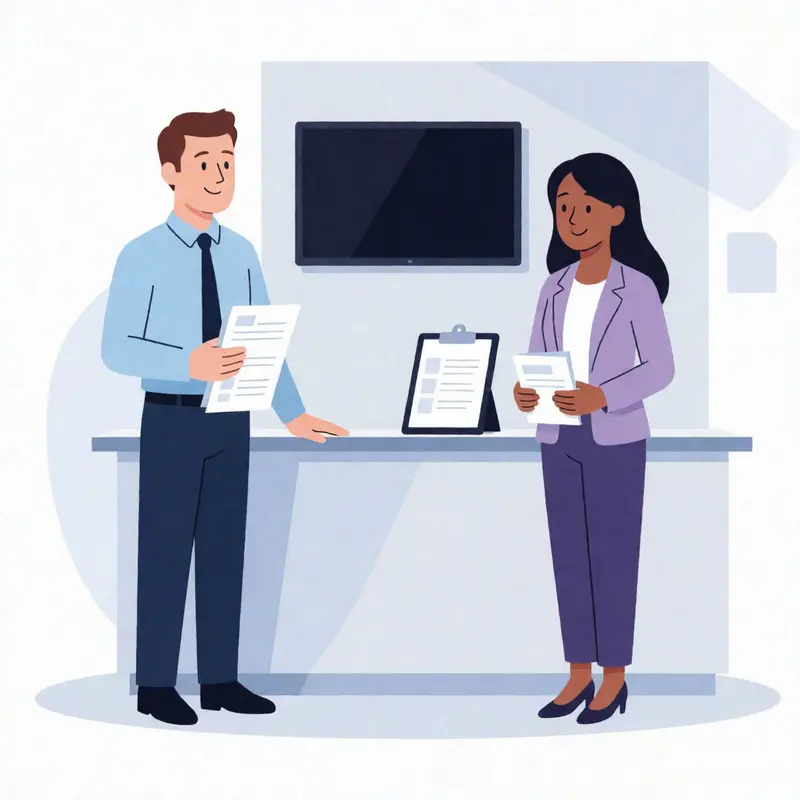 A consultant and client hold blank onboarding materials, highlighting the contrast between heavy setup and quick start.