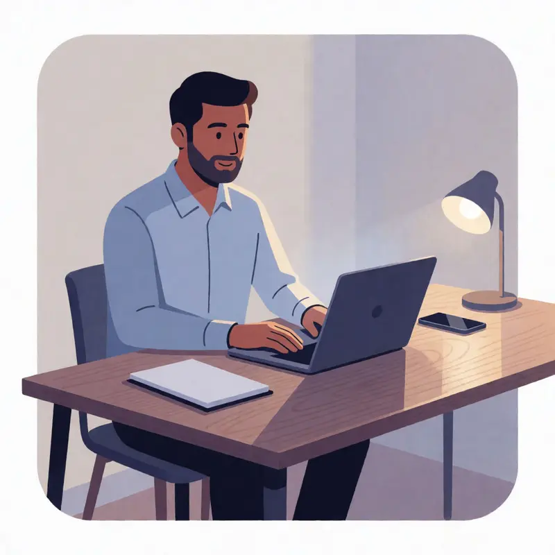 A consultant pauses at a clean desk before starting any recording workflow.