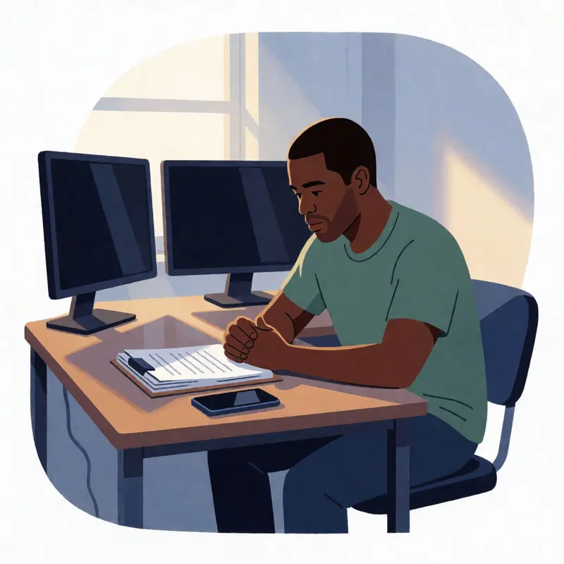 A solo operator reviews blank documentation beside dark monitors to prevent silent workflow failures.