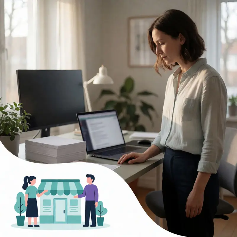 European solo creator in a home office setting focused on Kajabi subscription cancellation settings, with a blurred laptop screen and blank paper on the desk.