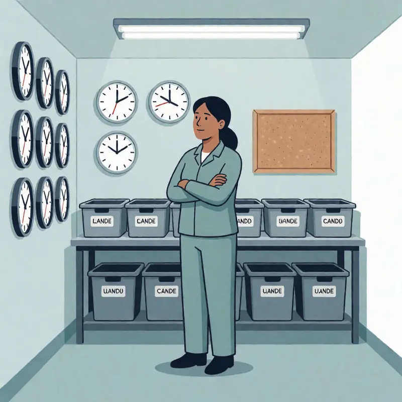 An orderly space with multiple clocks and an empty board suggests disciplined monitoring routines.