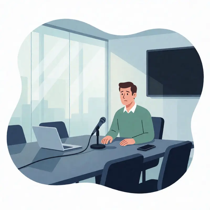 A consultant sits at a conference table near a microphone, illustrating meeting AI transcription errors that can affect client calls.