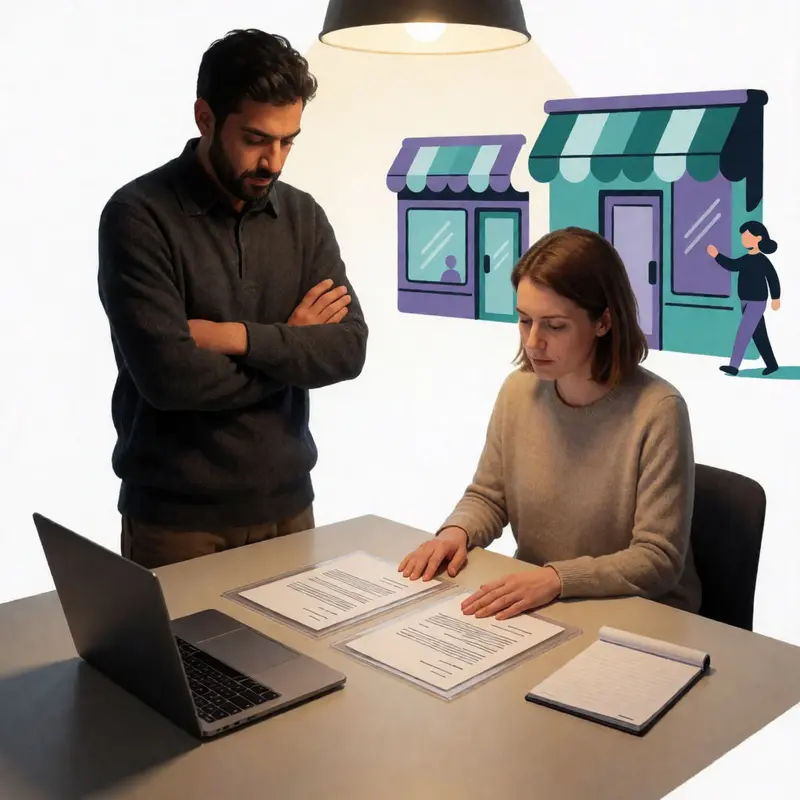Two people review contracts to clarify who is responsible for a sale.