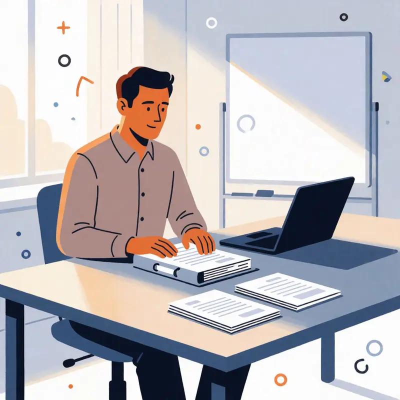 Consultant focusing on one pillar document as the starting point for a content repurposing strategy in a clean home office.