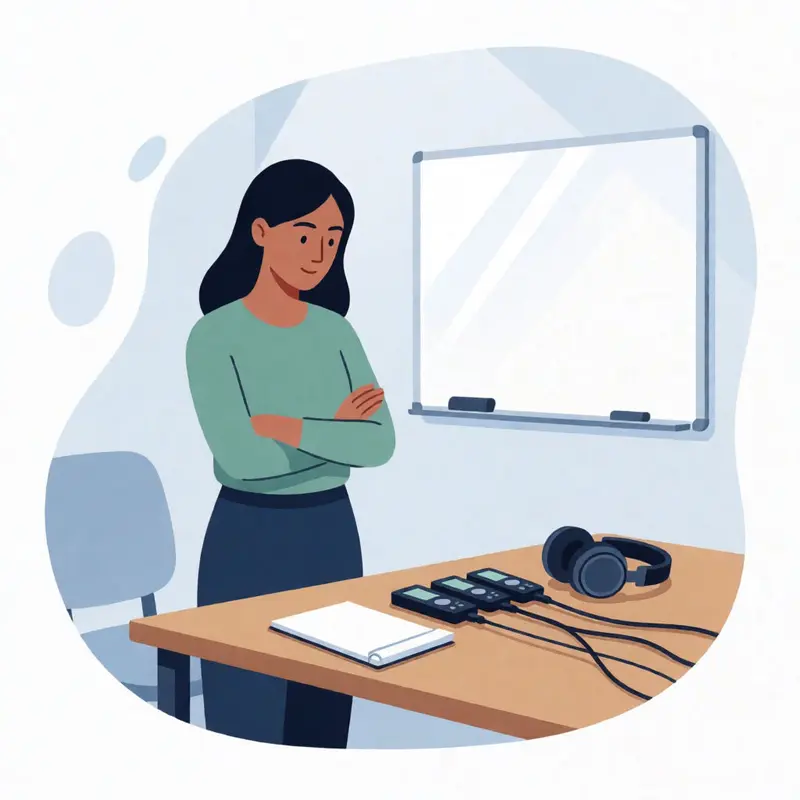 A consultant evaluates recording devices and headphones before testing accuracy.