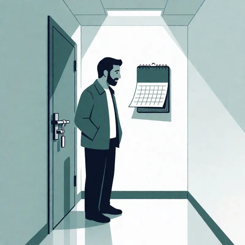 A consultant pauses at a closed door and an empty calendar page, emphasizing an abrupt stop with no fallback.