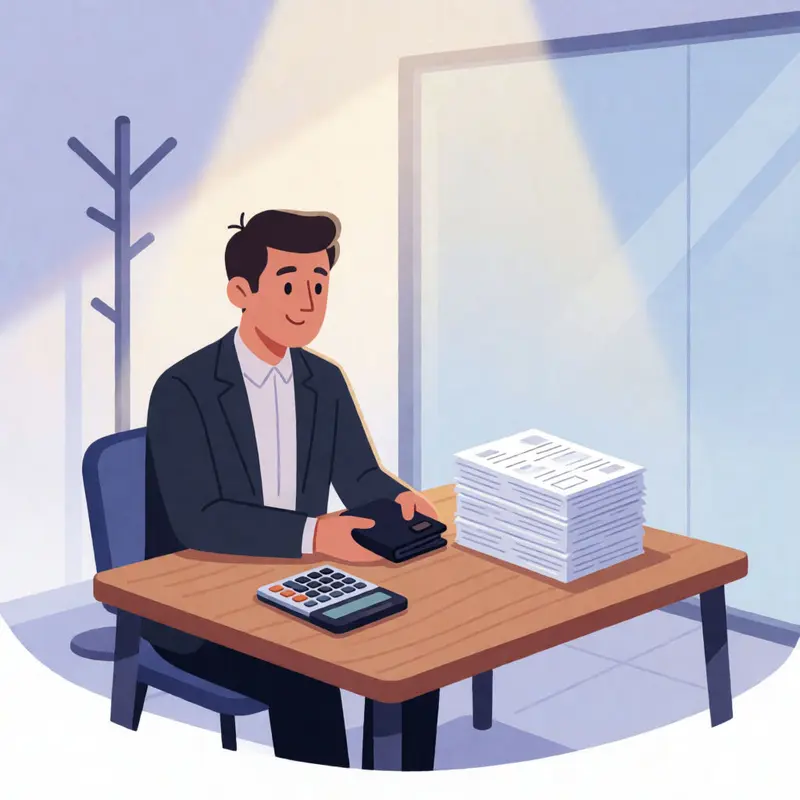 A consultant reviews blank invoices and a closed wallet, emphasizing seat-driven cost uncertainty.