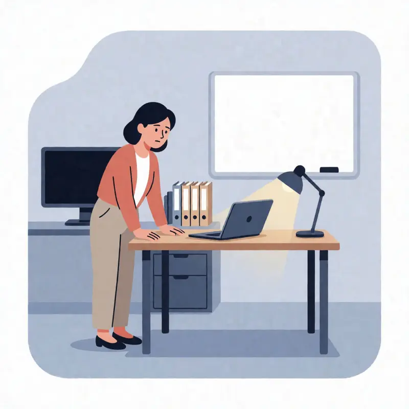 European solo consultant evaluating a Zapier client portal template in a home office with a closed laptop and blank folders.