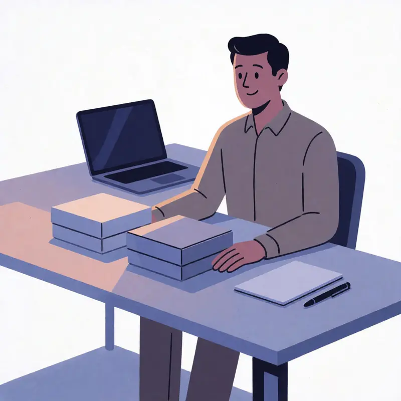 Zendesk vs LiveChat for consultants cover scene showing a consultant seated at a desk with both hands flat beside two closed boxes and a dark laptop.